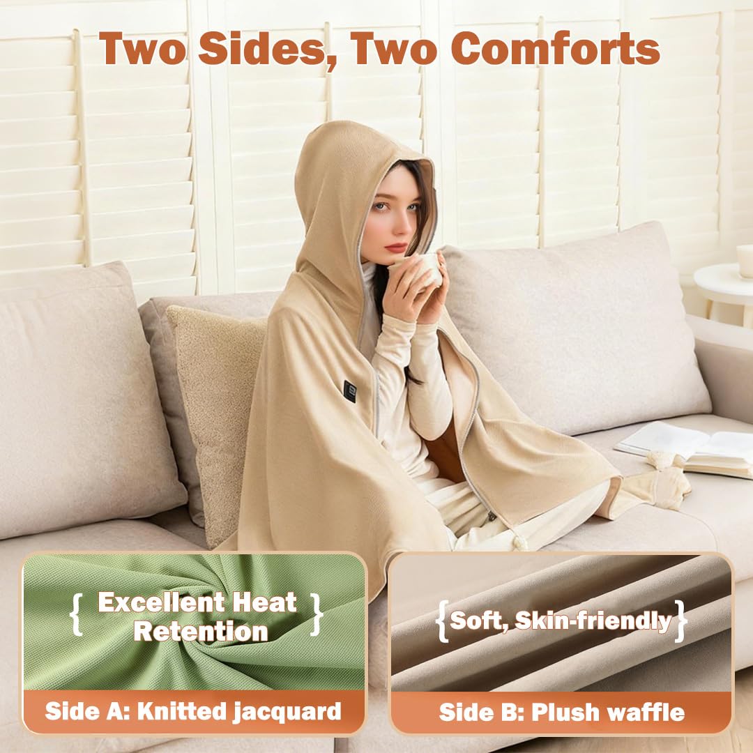 Coperta Termica Elettrica USB Con Cappuccio E Cerniera | Impostazioni A 3 Temperature, Comfort Su Entrambi I Lati, Lavabile in Lavatrice E Sicuro (Verde,Confezione Scatola Regalo)