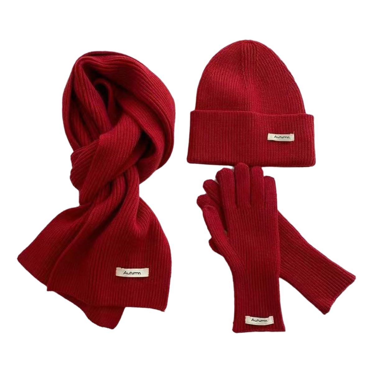Set bonnet écharpe gants en tricot rouge chaud taille unique