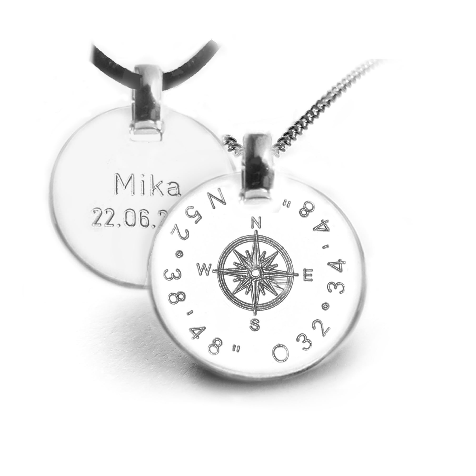 LATIGGA Personalisierte Kette mit Gravur Kompass, Windrose und Koordinaten, Lederband oder Silberkette, 925 Sterlingsilber, Geschenkidee