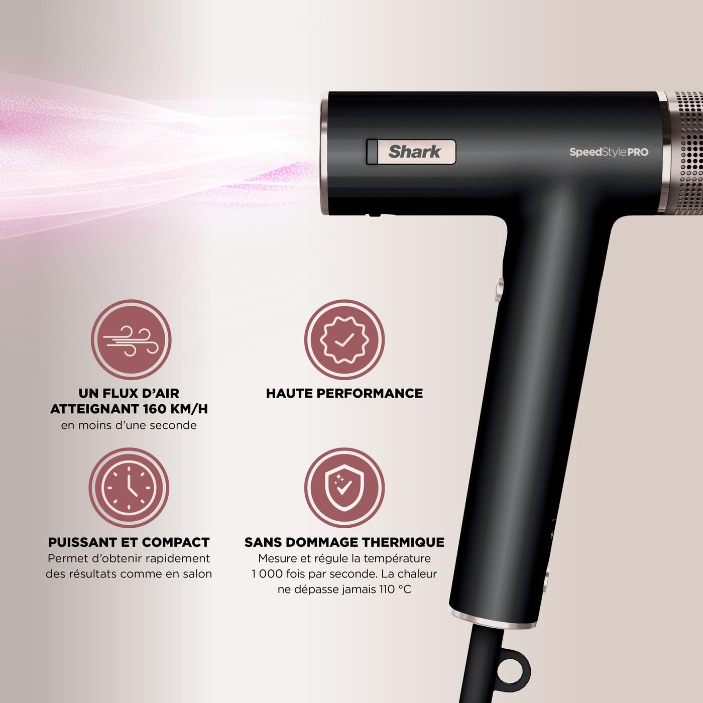 Shark sèche-Cheveux SpeedStyle Pro Ultra-performant, Ultra-Rapide, pour Cheveux raides ou ondulés, Technologie Scalp Shield, 3 Embouts, léger, ionique, sans dommage Thermique, Noir HD731EU