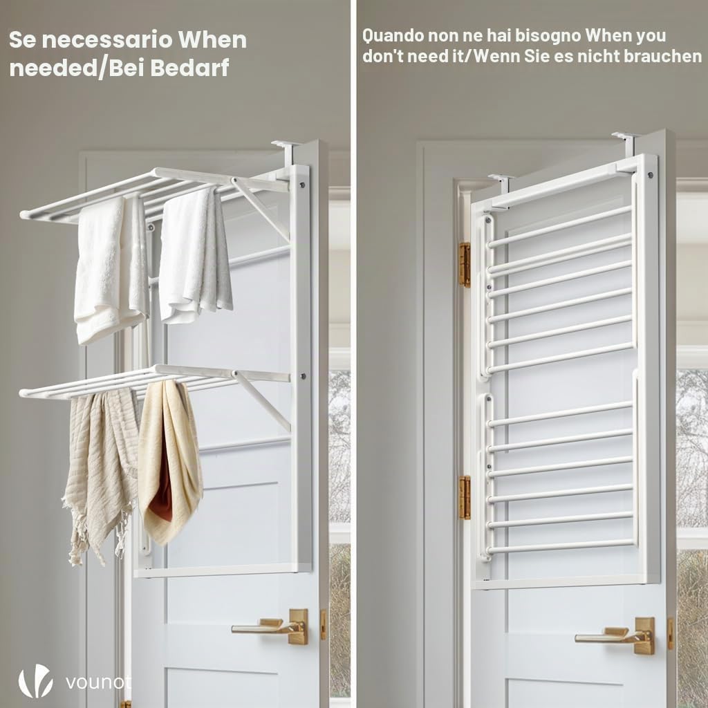 VOUNOT® Stendibiancheria da Parete Salvaspazio a 2 Livelli Pieghevole, Stendino da Muro Richiudibile per Balcone, Bagno e Interno, Facile da Installare, Bianco