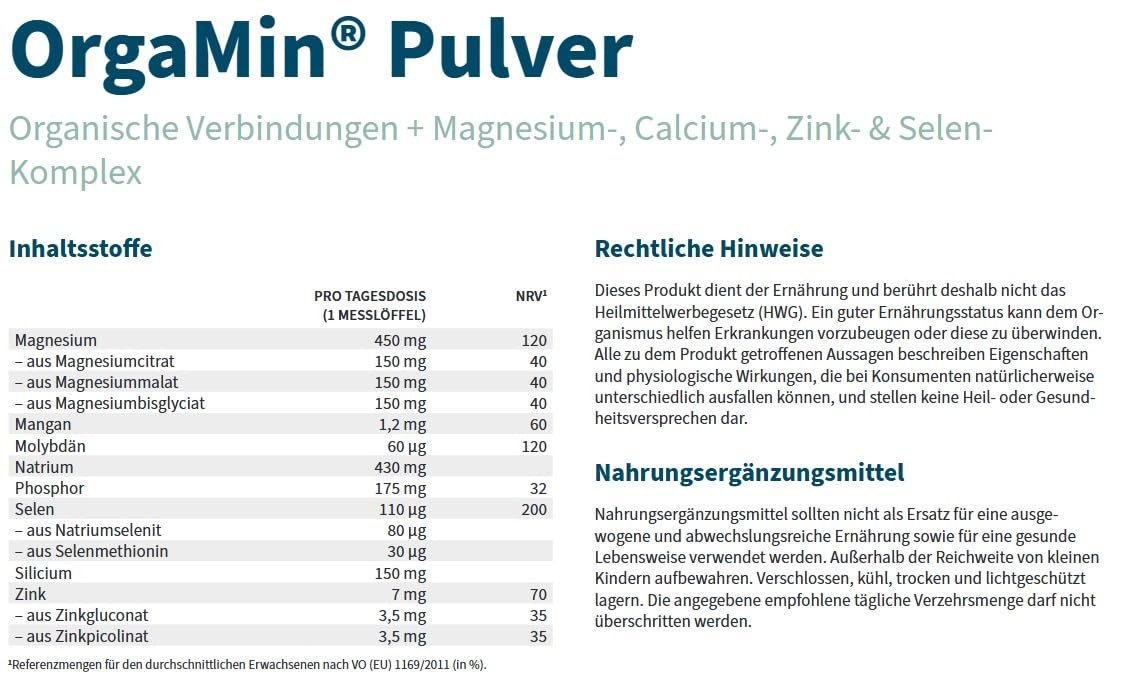 NatuGena OrgaMin Pulver, Säure-Basen-Haushalt, 14 verschiedenen Mineralstoffen an organischen Verbindungen, hoher Magnesiumanteil - 3 verschiedene Verbindungen, 301 g Pulver (31 Tage Packung)