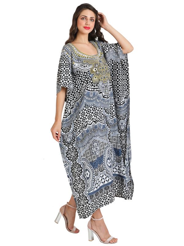 Image of Miss Lavish London Black Kaftan Dresses for Women V Neck Batwing Sleeve Beach Vacation Bikini Swimsuit Cover Ups Loungewear for Summer,Pockets on Both Sides, Resort Wear & Cruise Coverup- Black-M