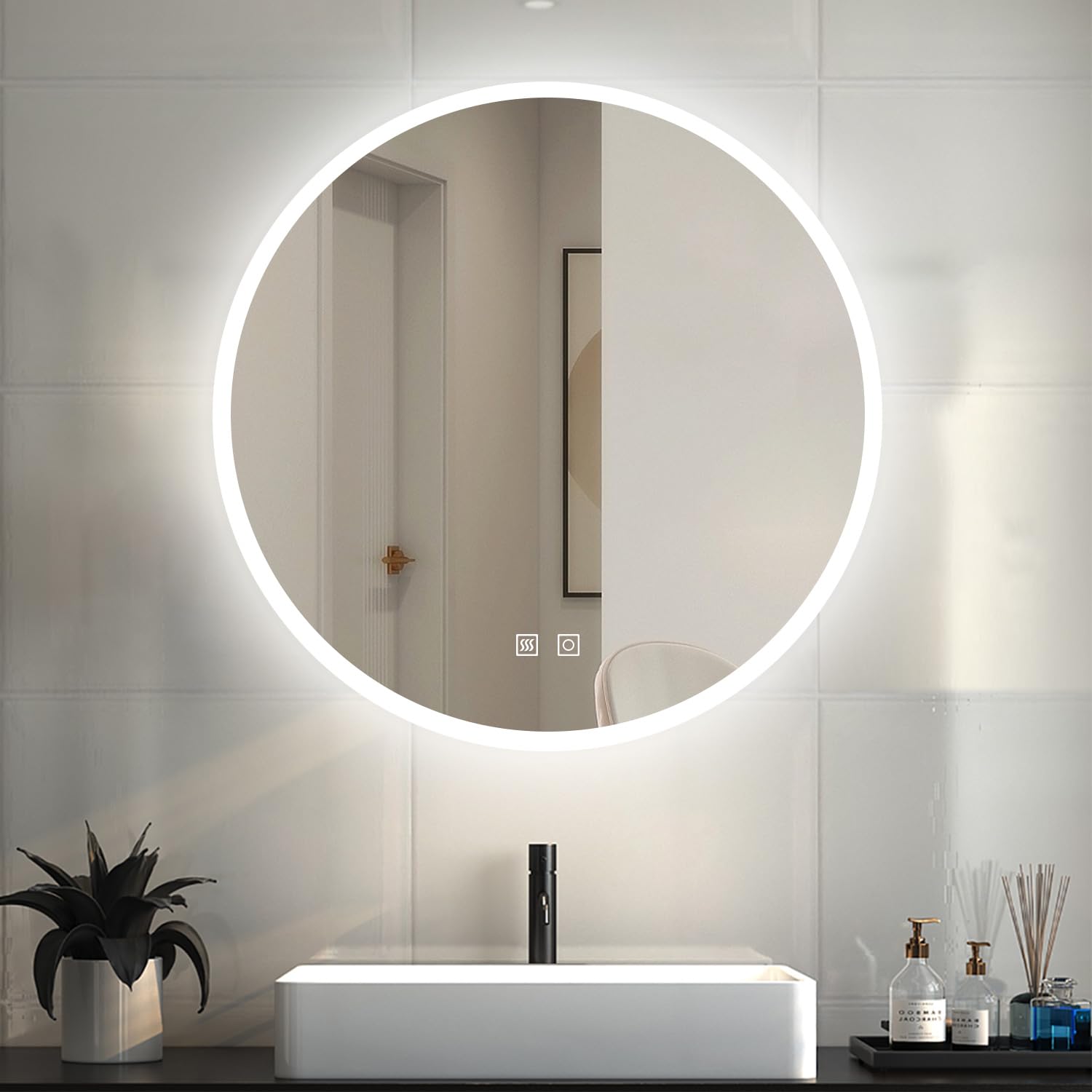 Biubiubath Espejo Redondo de baño LED 70cm,antivaho,Brillo Ajustable