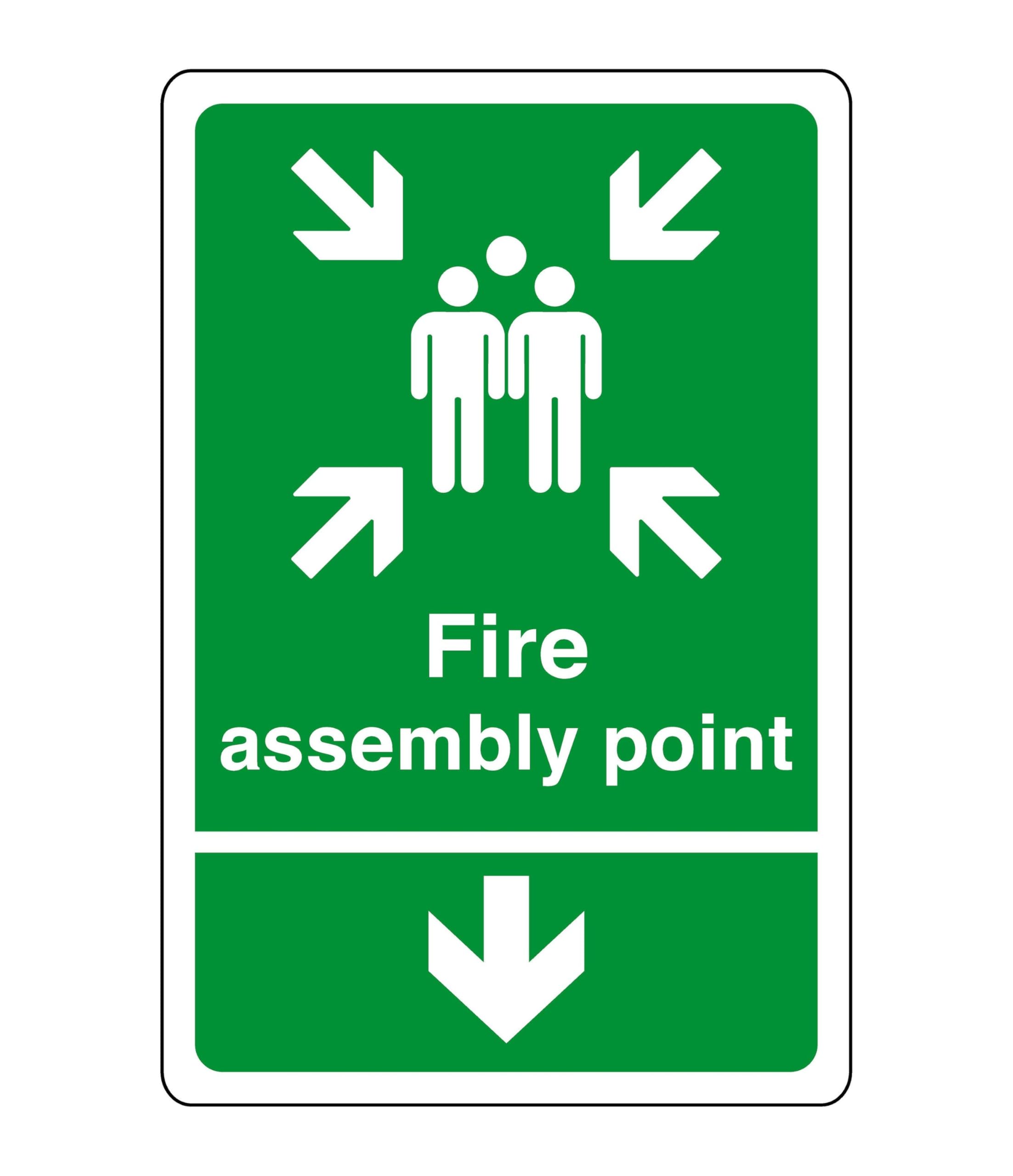 Safety First Display Ltd Green/White Fire Assembly Point Arrow Down Sign - Safety Sign - Business Signs, Carpark Safety Signs - High Tack Self-Adhesive Sticker (200Mm X 150Mm) Viewing Distance Within 5M.
