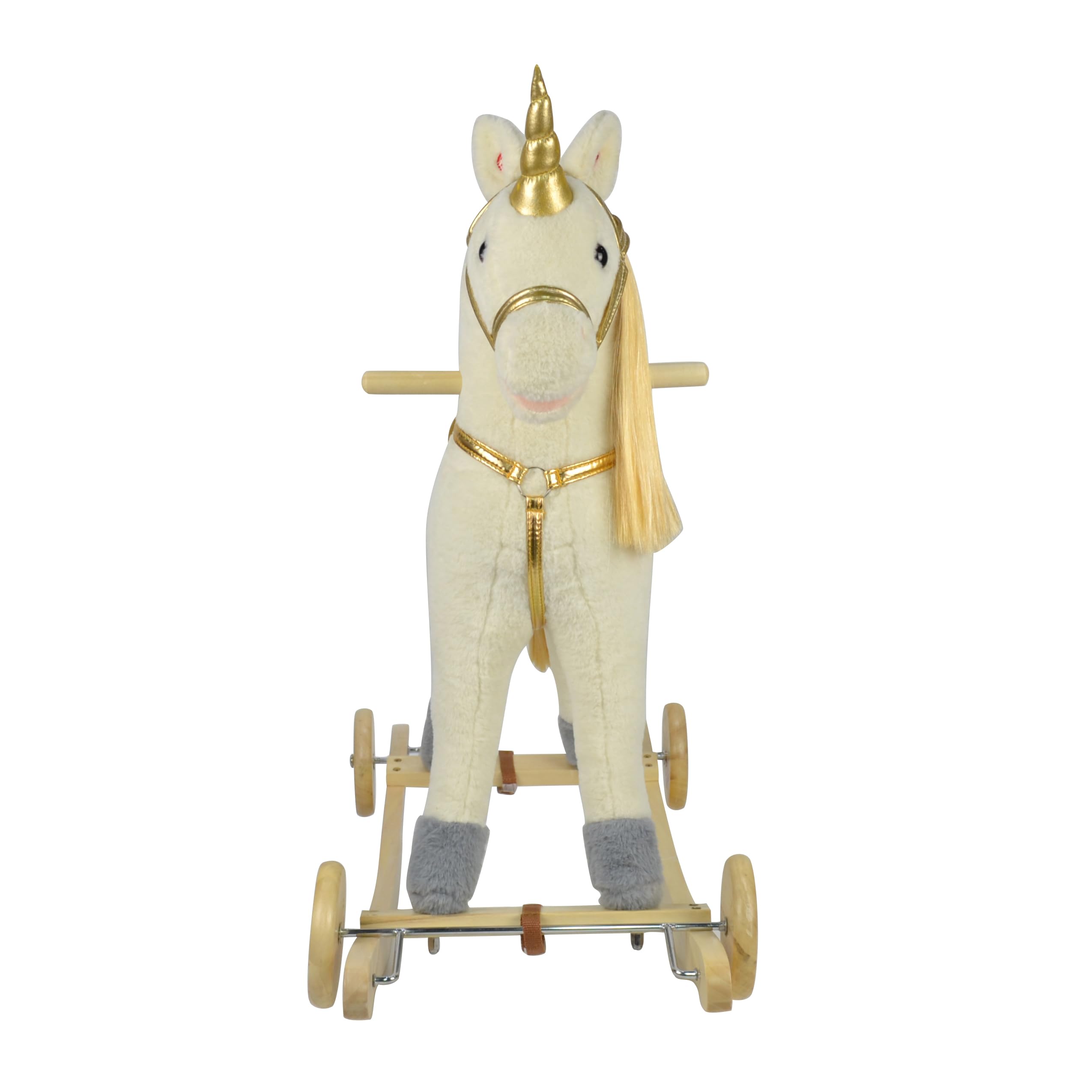 Cavallo a Dondolo per Bambini 36-72 Mesi Unicorno a Dondolo Cavalcabile in Legno e Peluche con Rotelle Suoni e Movimenti Realistici 74x30x62 cm (Bianco e Oro)