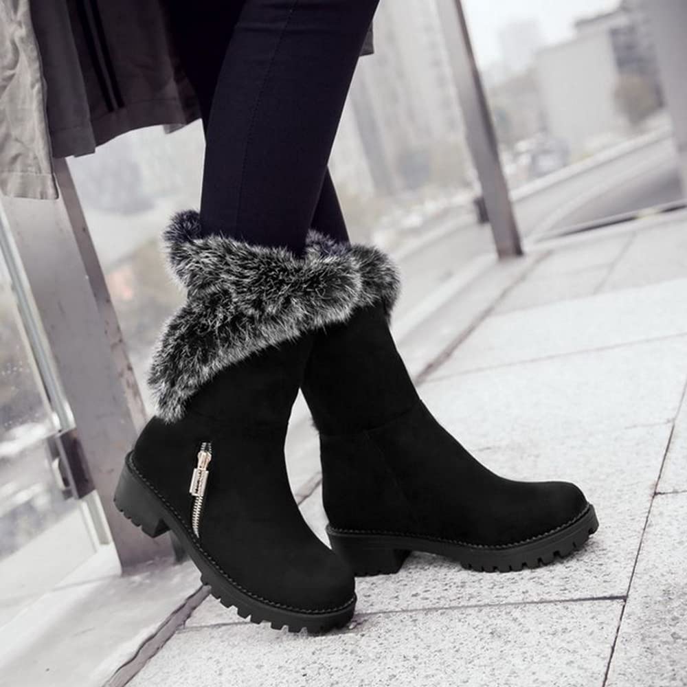 Onewus Damen Winterstiefel mit halbhoher Wade, warmem Kunstpelz und niedrigem Chunky Heel