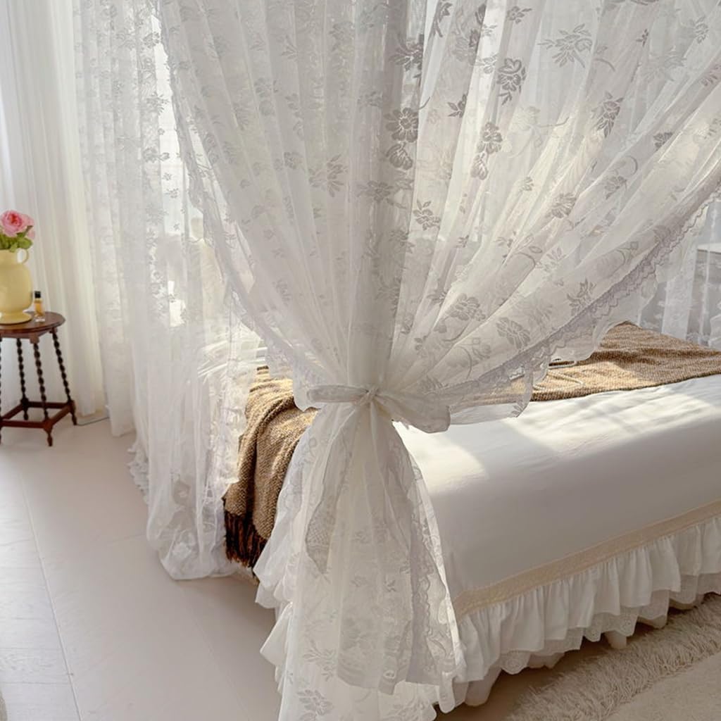 Elegant Lace Princess 4 Corner Post Mosquito Net Romantic Flowers for Girls Women Full/Queen Size Bed Curtain Canopy for Wedding Bedroom Kids Rooms Decoration (White, King)