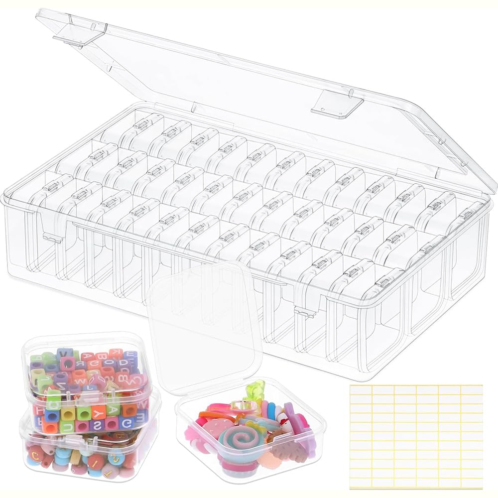 AURISSE Clear Plastic Bead Organizer with 36 Small Containers, Craft Storage Box with Hinged Lids and Labels for Jewelry Making, DIY, Nails, Screws, Seeds