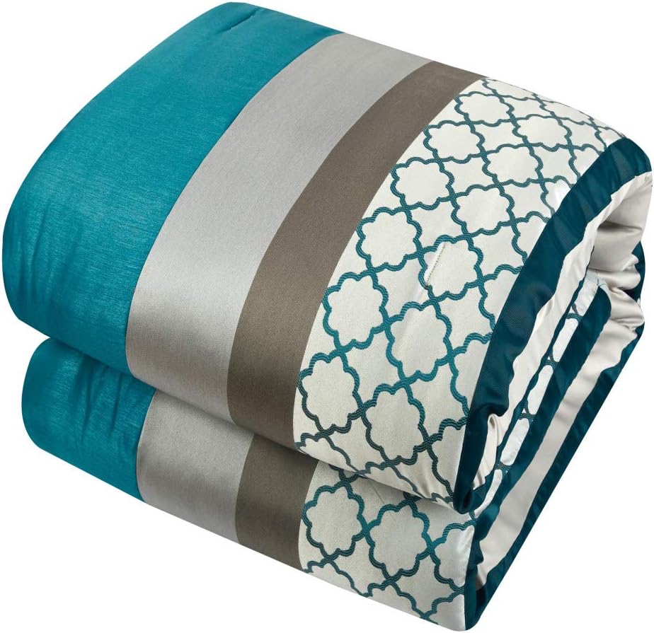 8 Piece Peacock Teal Gray Jacquard Weave Comforter Cal King California Set, Blue Grey Pintuck Puckered Bedding Geometric Bed in A Bag for Master Bedroom Casual Colorful Comfortable, Polyester