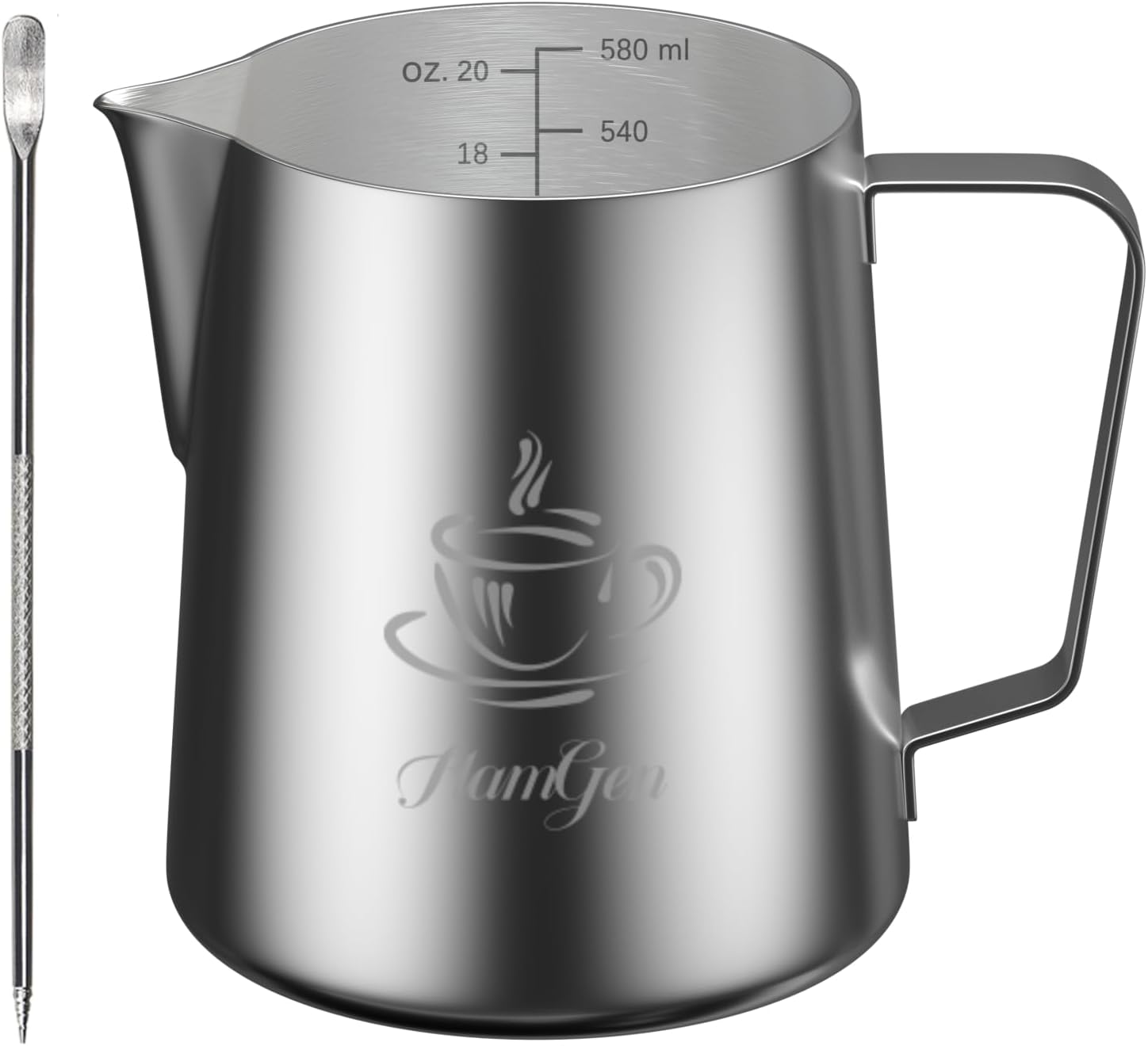 Milk Frothing Pitcher with Stainless Steel 304, 20oz/600ml, Espresso Steaming Pitcher with Tick Mark, Decorating Art Pen, 16PCS Coffee Decorating Stencils for Cappuccino Latte Art