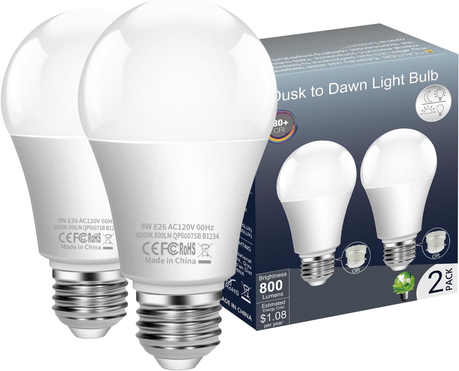Dusk to Dawn LED Light Bulbs, Built in Light Sensor, Plug and Play, 9W 6000K Cool White, 60W Halogen Equivalent, A19 E26 Base, AC120V, Auto On/Off Indoor Outdoor Lighting Bulb (2 Pack)