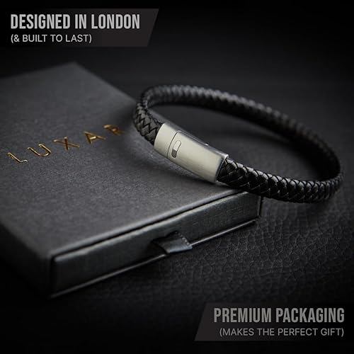Miniatura 4 de LUXAR Mens Genuine Leather Bracelet Interwoven Black Leather Bracelets with Brushed Stainless Steel Clasp Minimalist, Designer Jewelry for Men