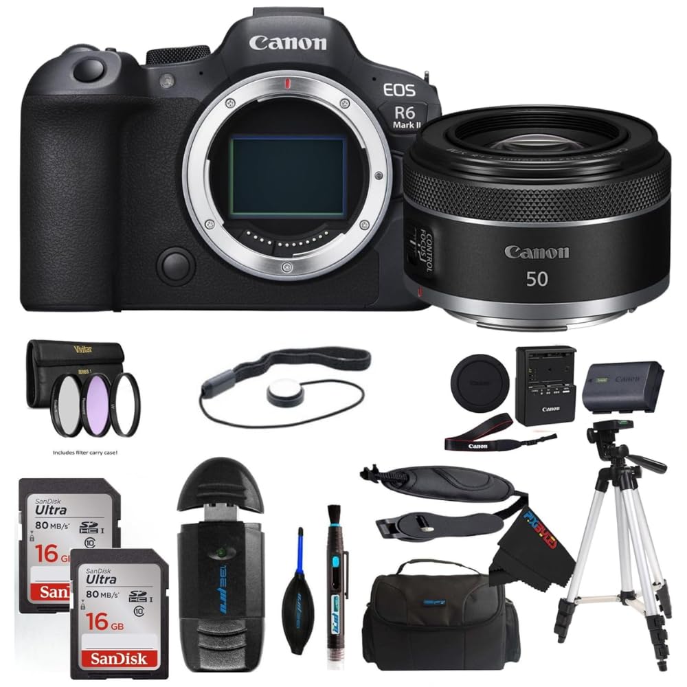 Canon EOS R6 Mark II Mirrorless Camera with PIXIBYTES Microfiber Cleaning Cloth (Body w/RF 50mm + Advanced Bundle)