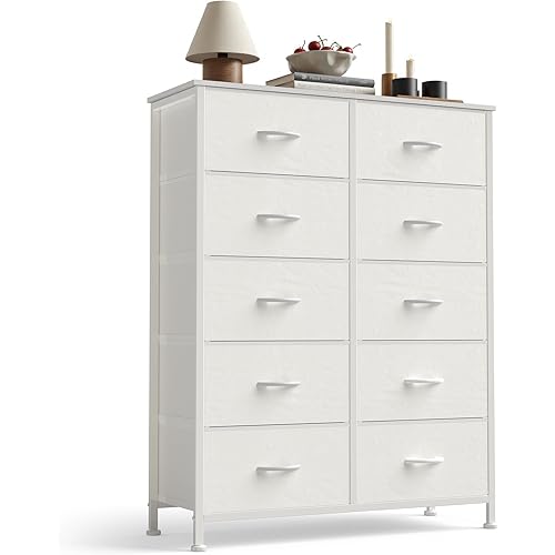Sweetcrispy 10 Drawer Fabric Dresser Storage Tower with Bins, Tall Chest Organizer for Bedroom Closet Hallway, Steel Frame Wood Top Easy Pull Handles,White