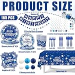 185pcs Happy Birthday Decorations Blue and Silver Plates Napkins Disposable Tableware Set Paper Cups Banner Tablecloth for Men Women Birthday Party Supplies Serves 24 Guests - Image 2