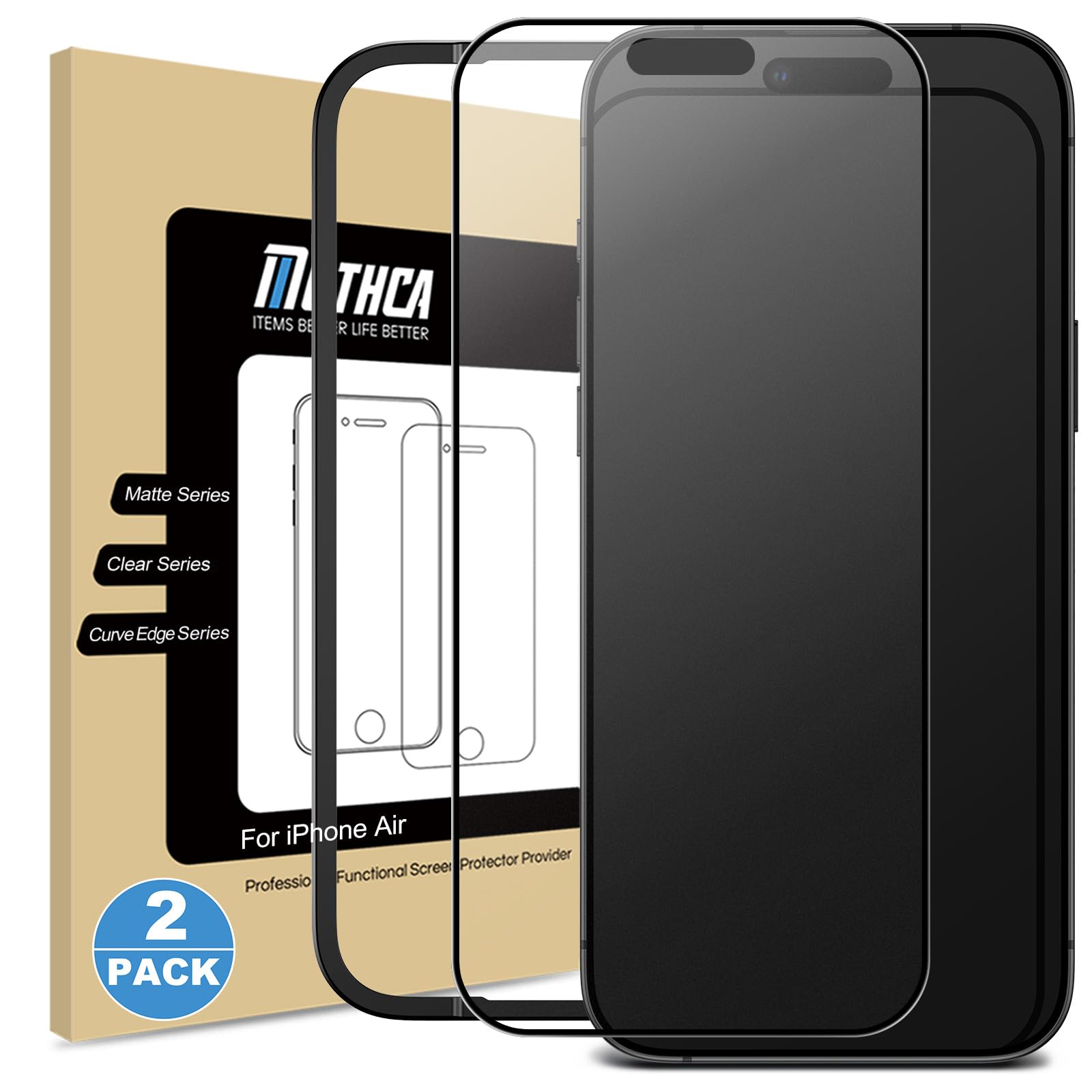 Photo 1 of Mothca 2 Pack Matte Glass Full Coverage Screen Protector for iPhone Air 6.5-inch, Anti-Glare Anti-Fingerprint Black Edge Tempered Glass Film with Easy Installation Tool, Smooth as Silk