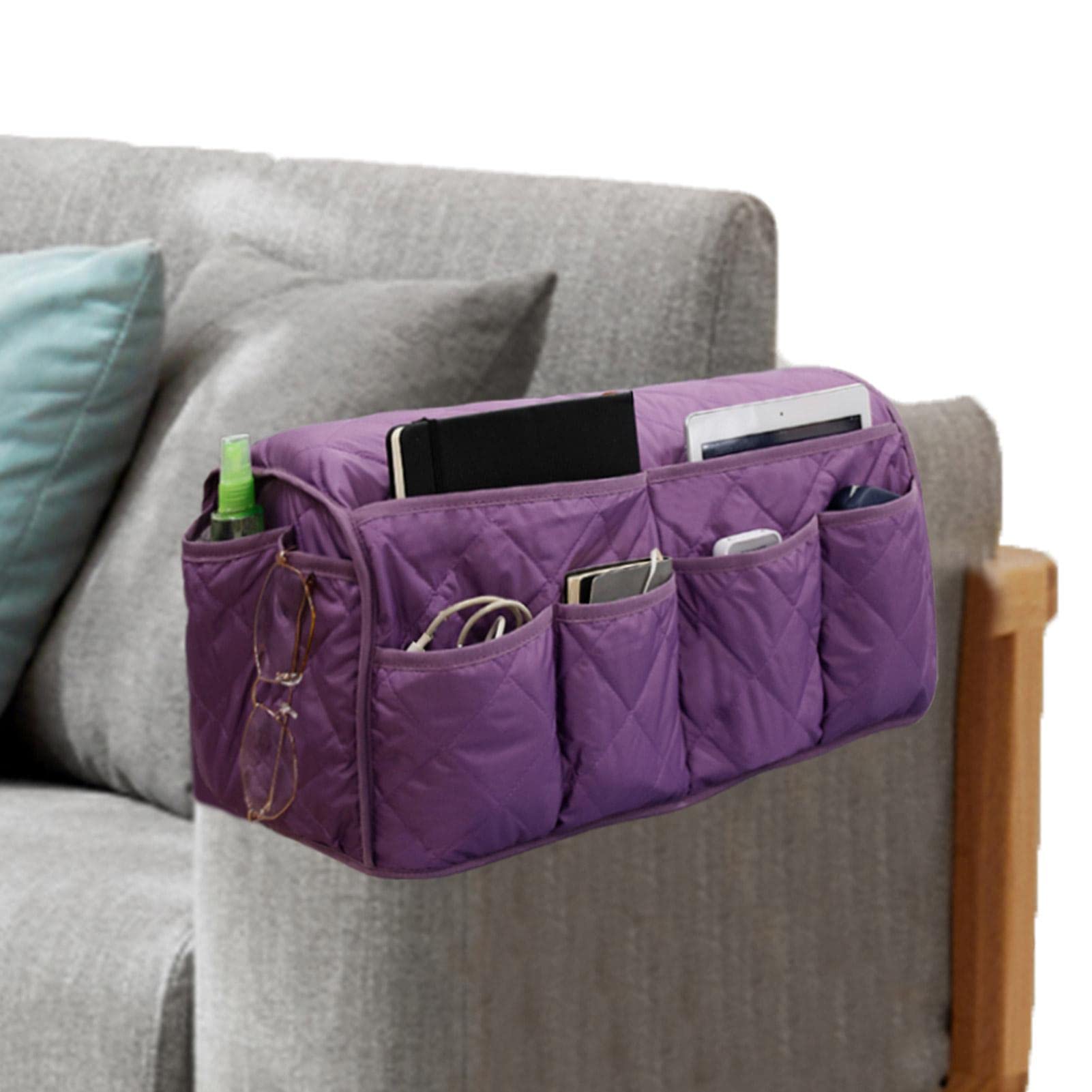 Gimocool Purple Sofa Armchair Organiser, 14 Pocket Arm Rest Caddy, Tidy Table & Bedside Chair Caddy, Tv Remote Control & Phone Pockets Home Organiser