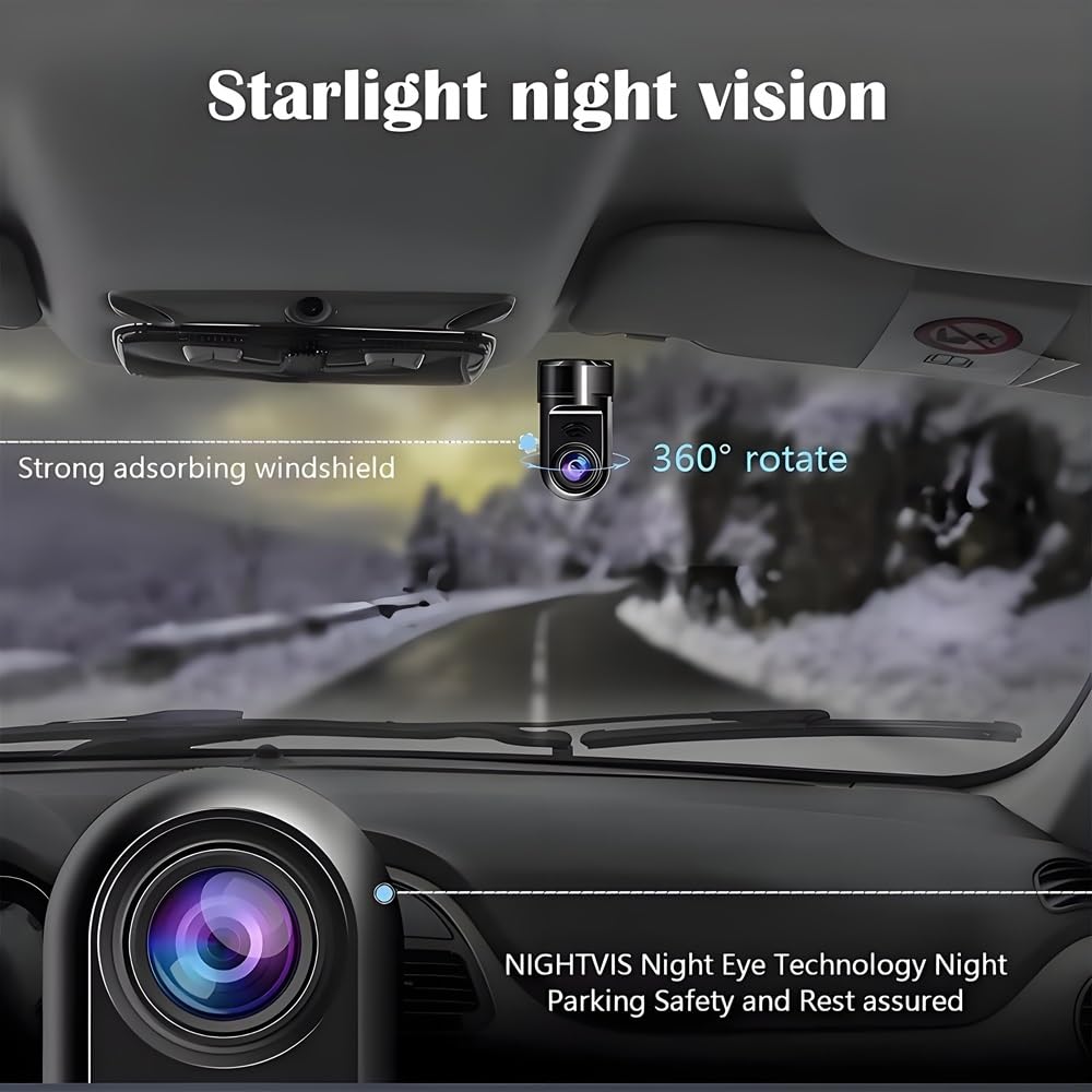 Mini cámara de salpicadero ADAS giratoria 1080P HD de 360°, nueva cámara de salpicadero de coche 2025, tarjeta de 16 GB/32 GB, modo de estacionamiento 24 horas/Wi-Fi integrado/visión nocturna/detecció