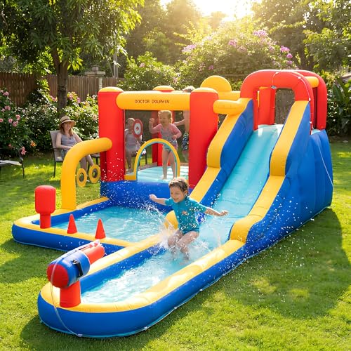 Doctor Dolphin Inflatable Bounce House, Long Slide Water Bounce House, Big Bounce House for Big Kids...