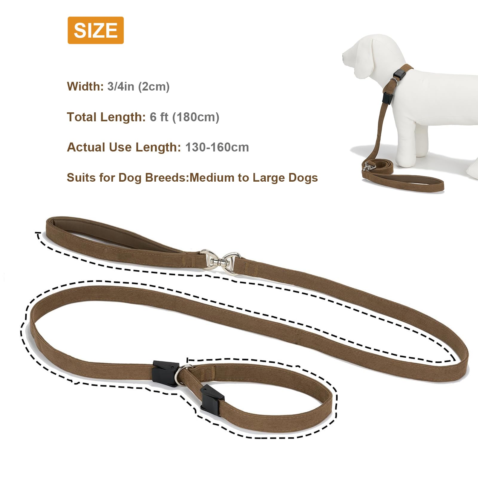 Petiry Slip Lead for Dogs - 1.8m Corduroy Anti-Pull Dog Lead For Training,Effortless Control & Comfort,One-Size-Fits-All,Brown - Image 4