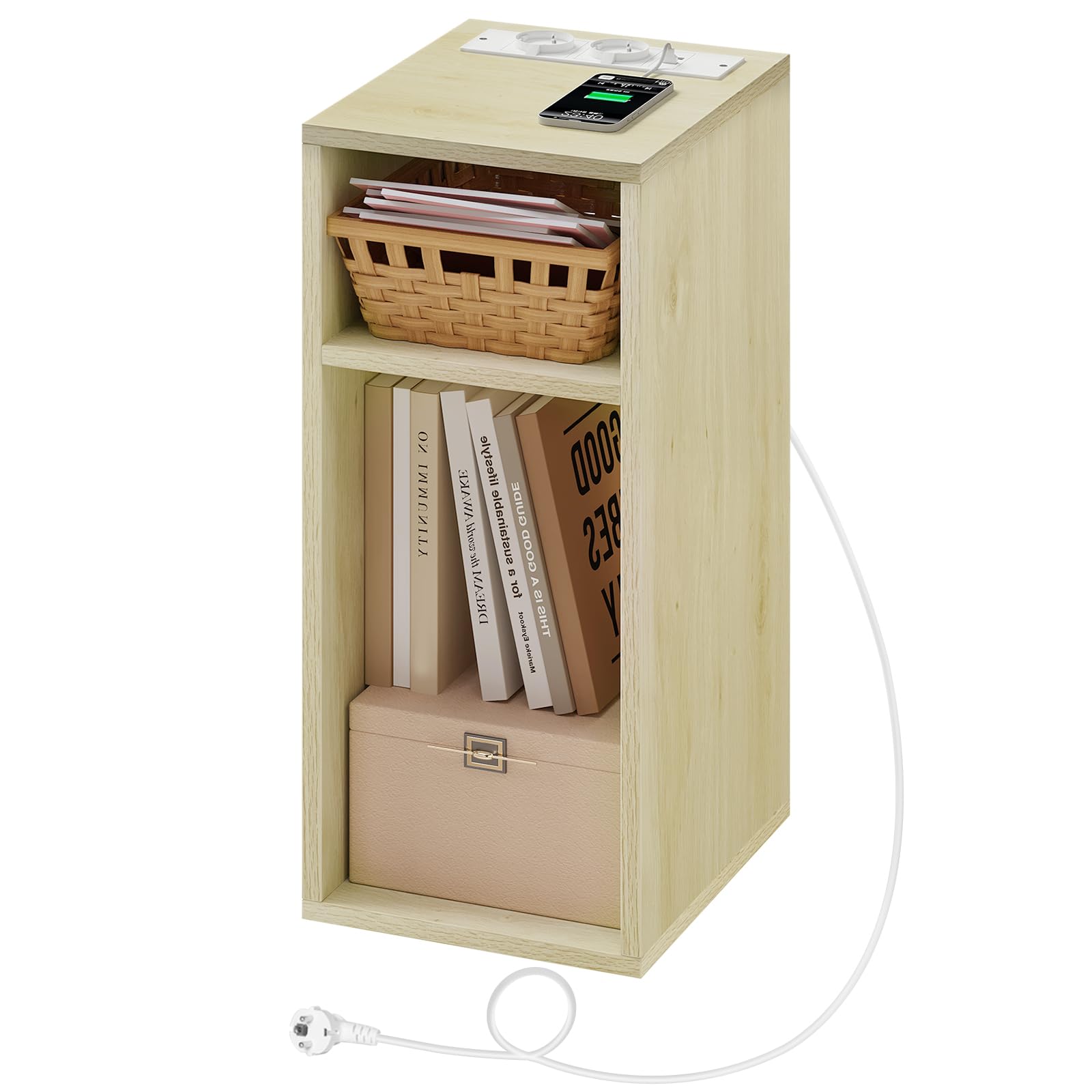 WOLTU Nachttisch mit Ladefunktion, schmaler Kleiner Beistelltisch mit 2 Steckdosen 2 USB-Anschlüssen 2 offenen Fächer, Couchtisch mit Stauraum, 25x60x30 cm, für Schlafzimmer, Hell Eiche, NTS06hei