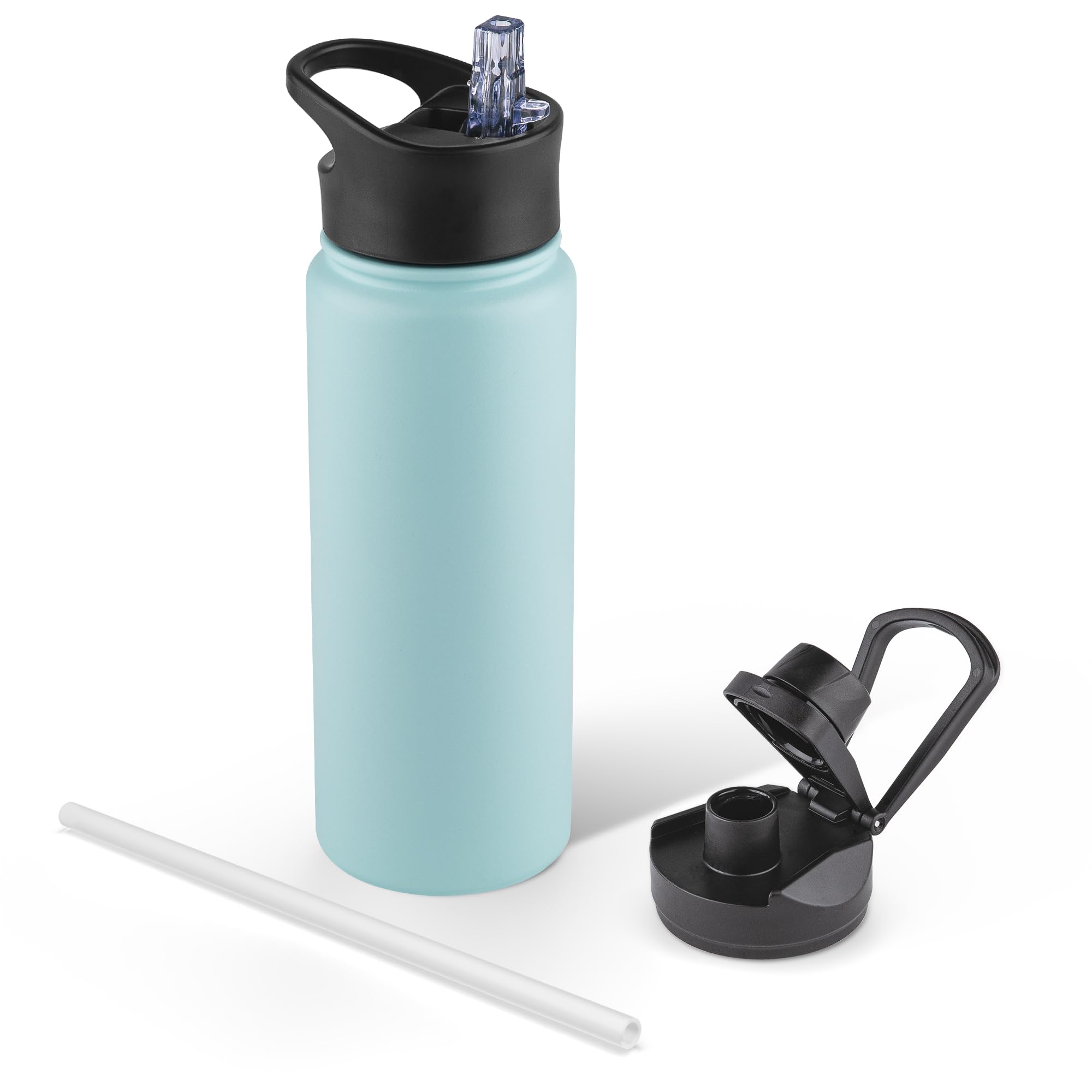 24 oz Insulated Water Bottle with Straw Lid & Wide Mouth Lids, Stainless Steel Sports Water Bottles, Double Walled Vacuum, Leak Proof, Turquoise Blue