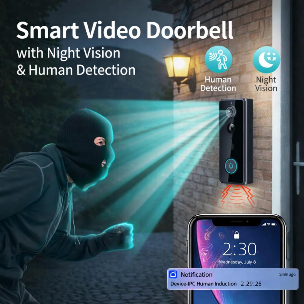 KinZon Sonnette Vidéo Extérieure avec Carillon sans Fil 2K, Caméra Grand Angle, Batterie Autonomie 3 à 5 Mois, Détection IA + PIR, Vision Nocturne, Audio Bidirectionnel, IP65 Étanche, Wi-FI 2,4 GHz