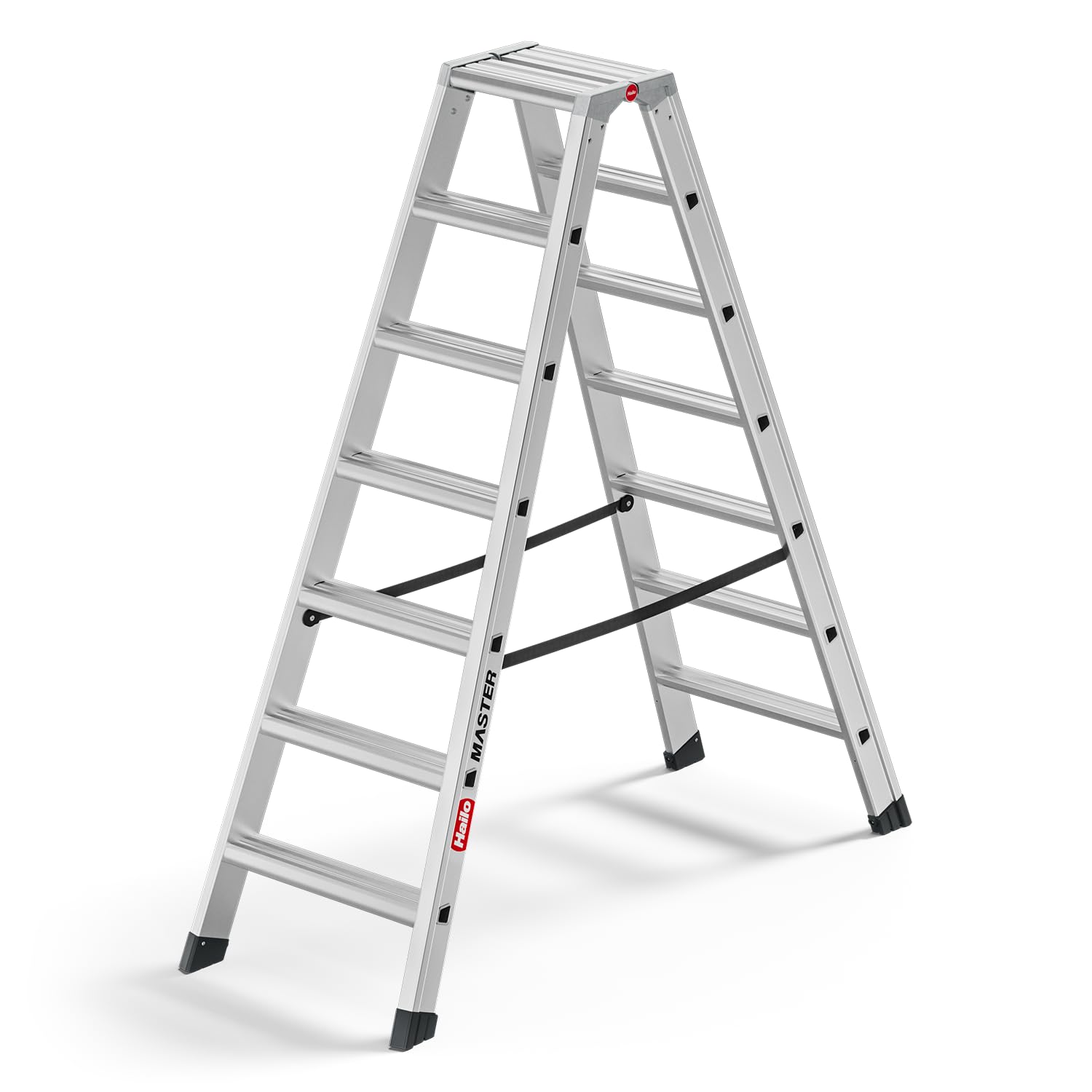 Hailo Master D100 Alu-Doppelstufenleiter 2x7 Stufen, EN 131, bis 150 kg | Beidseitig begehbar, rutschhemmende Stufen, große Abstellfläche, leicht und stabil