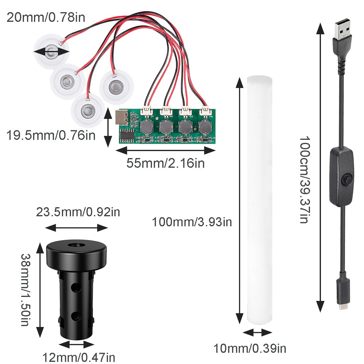 Kit di nebulizzatori per umidificatori, quattro ugelli, senza interruttore, senza temporizzazione Set di sostituzione del modulo di nebulizzazione fai da te, con cavo Usb con pulsante di acce