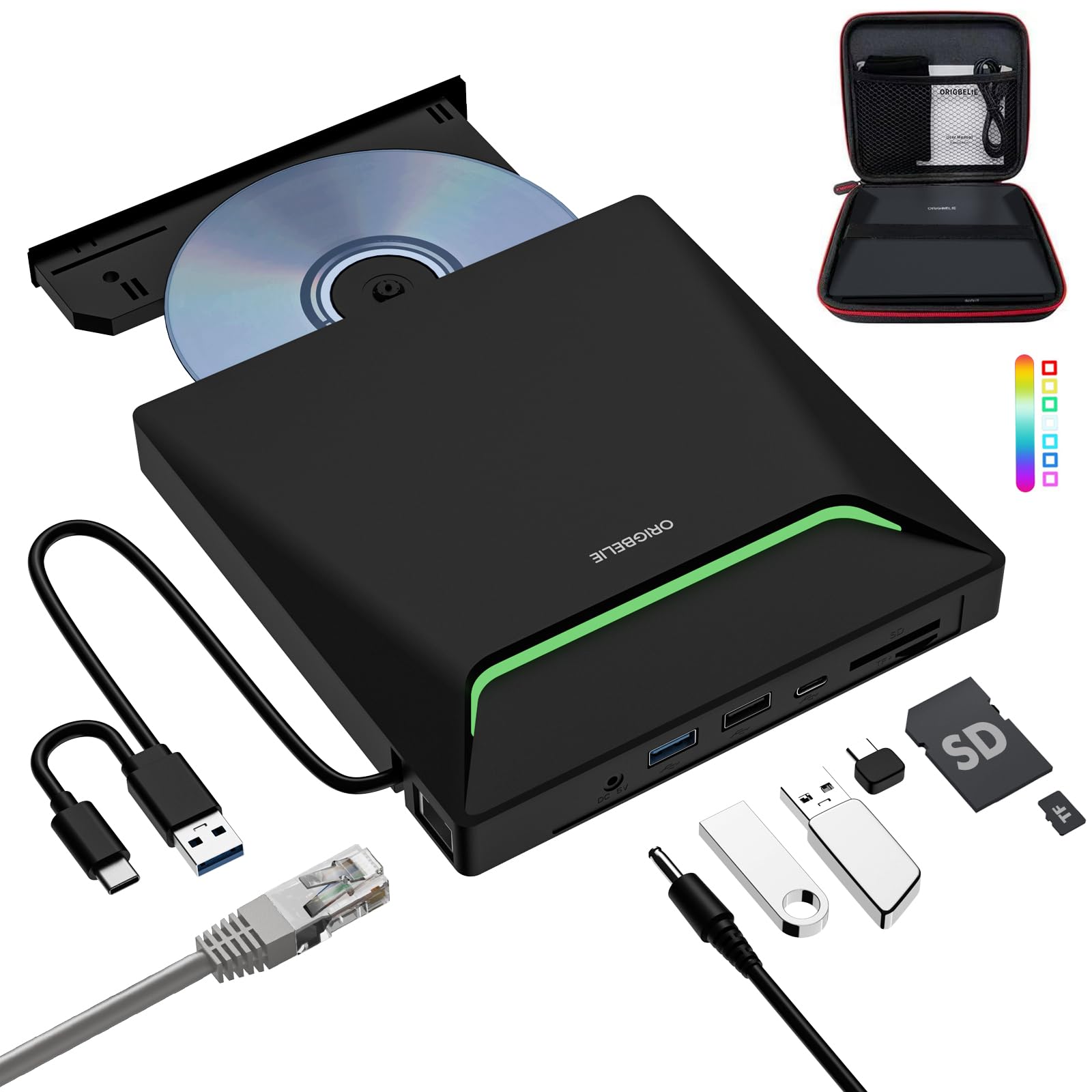 Nuovo Masterizzatore DVD Esterno, USB 3.0 Lettore DVD Esterno con Adattatore Ethernet, 3 Porte USB e 2 Porte TF/SD Card, Lettore CD Esterno per PC Portatile MacBook Windows Linux Mac OS con Custodia