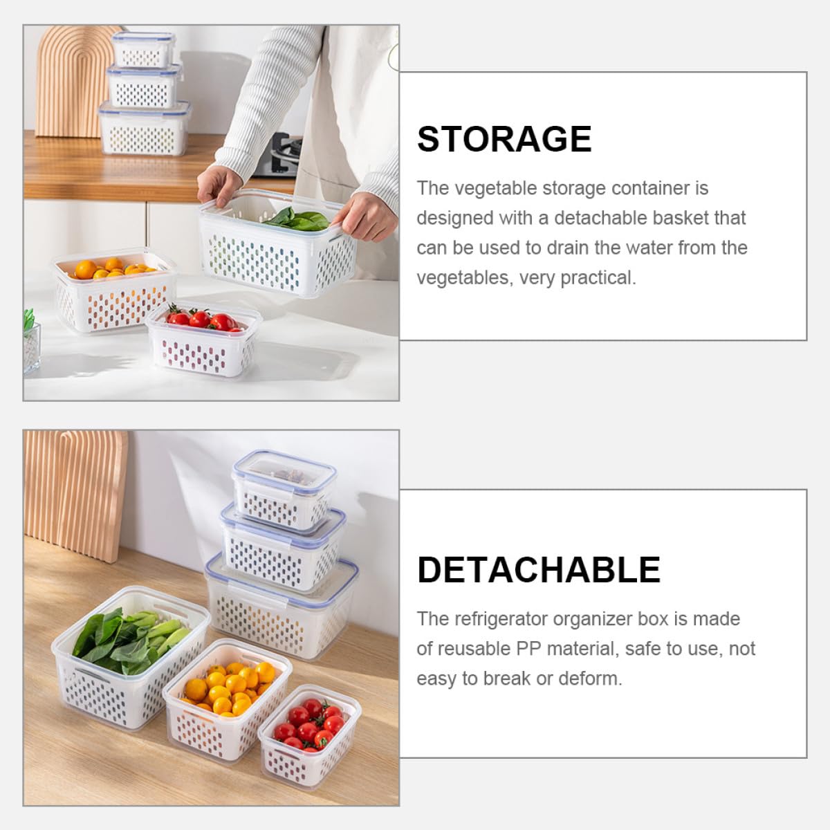 GANAZONO Set de 3 Contenedores Herméticos de Plástico con Tapa y Cesta Extraíble para Drenaje, Capacidad de 850ml, 1750ml y 3300ml, Ideales para Almacenar Alimentos y Verduras