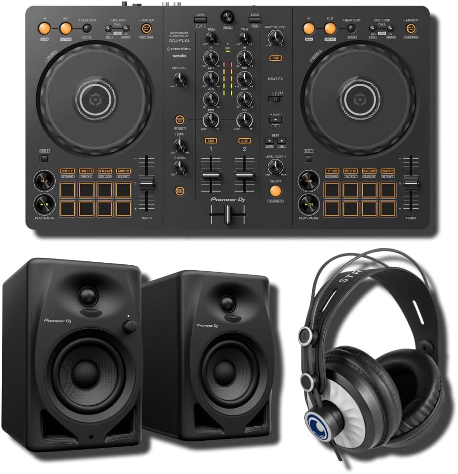 Pioneer DDJ-FLX4 DJ Controller Bundle with DM-40D Desktop Monitors and StreamEye Cans50 Headphones — DJ and Studio Mode, RCA Direct Connect, rekordbox and Serato, USB Bus Powered