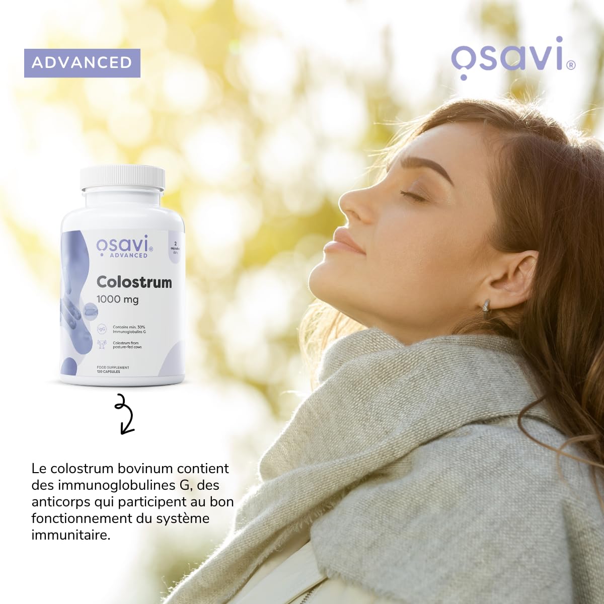 Osavi Colostrum 1000 mg – 180 gélules | Colostrum bovin hautement concentré contenant 30% d'immunoglobulines G | Provenant de vaches Holstein-Friesian | Sans OGM