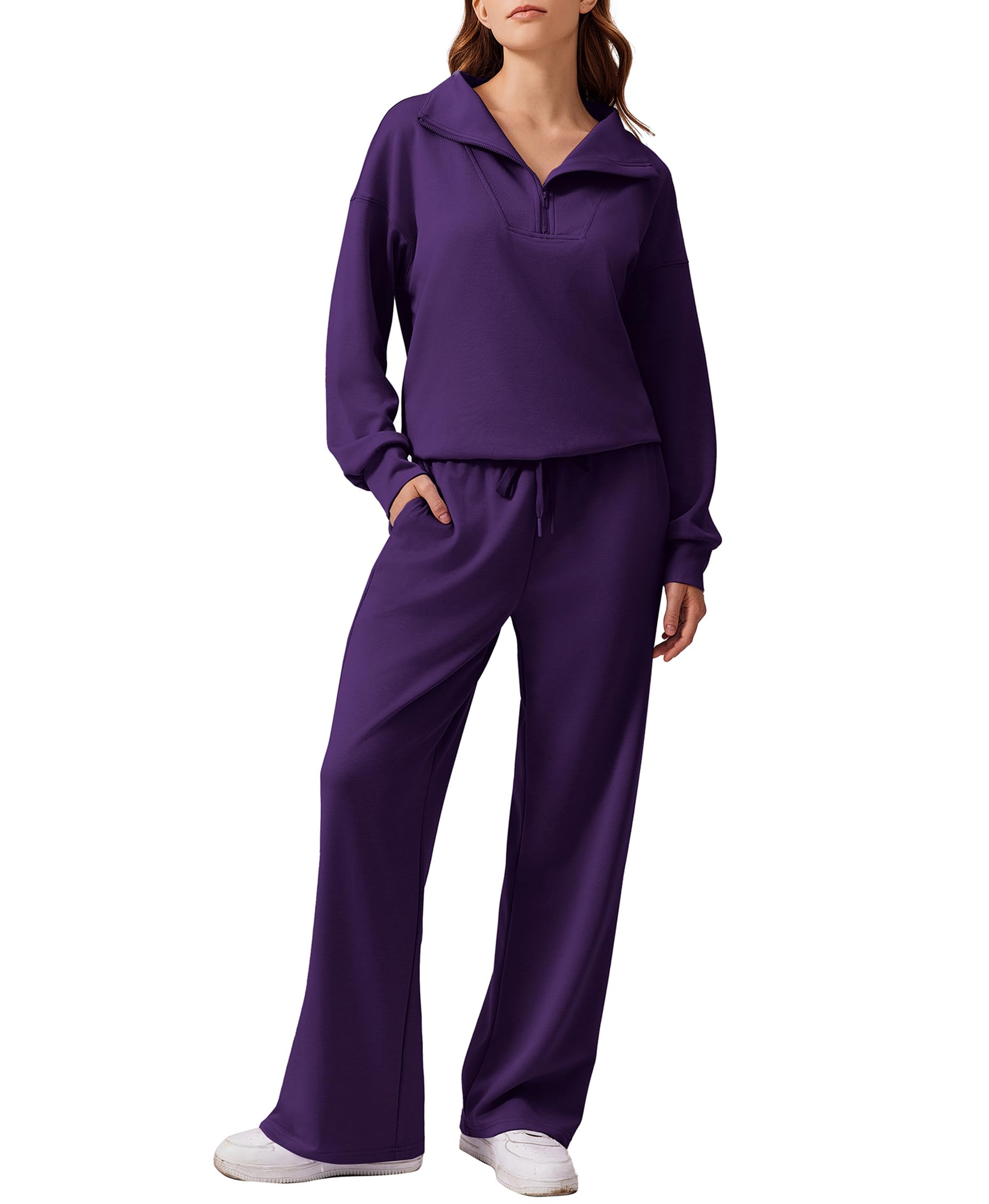 PINSPARK 2 Piece Sets for Women 1/4 Zip Lounge Matching Set Fall Outfits