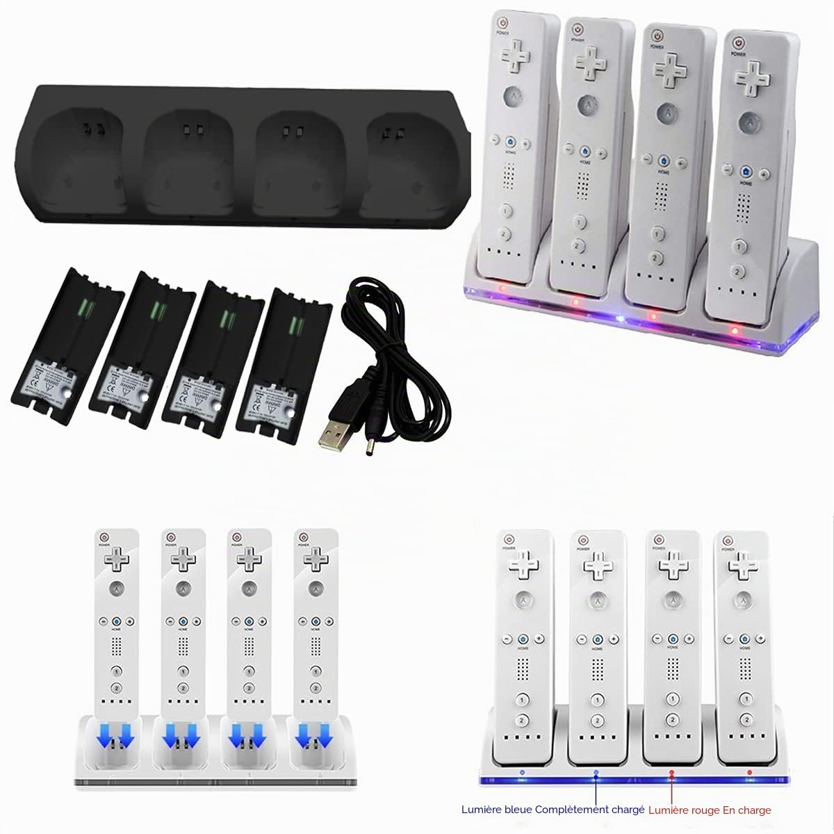 Chargeur Wii 4 Ports avec 4 Batteries Rechargeables 2800 mAh pour Wiimote | Station de charge groupée, rangement pratique des télécommandes