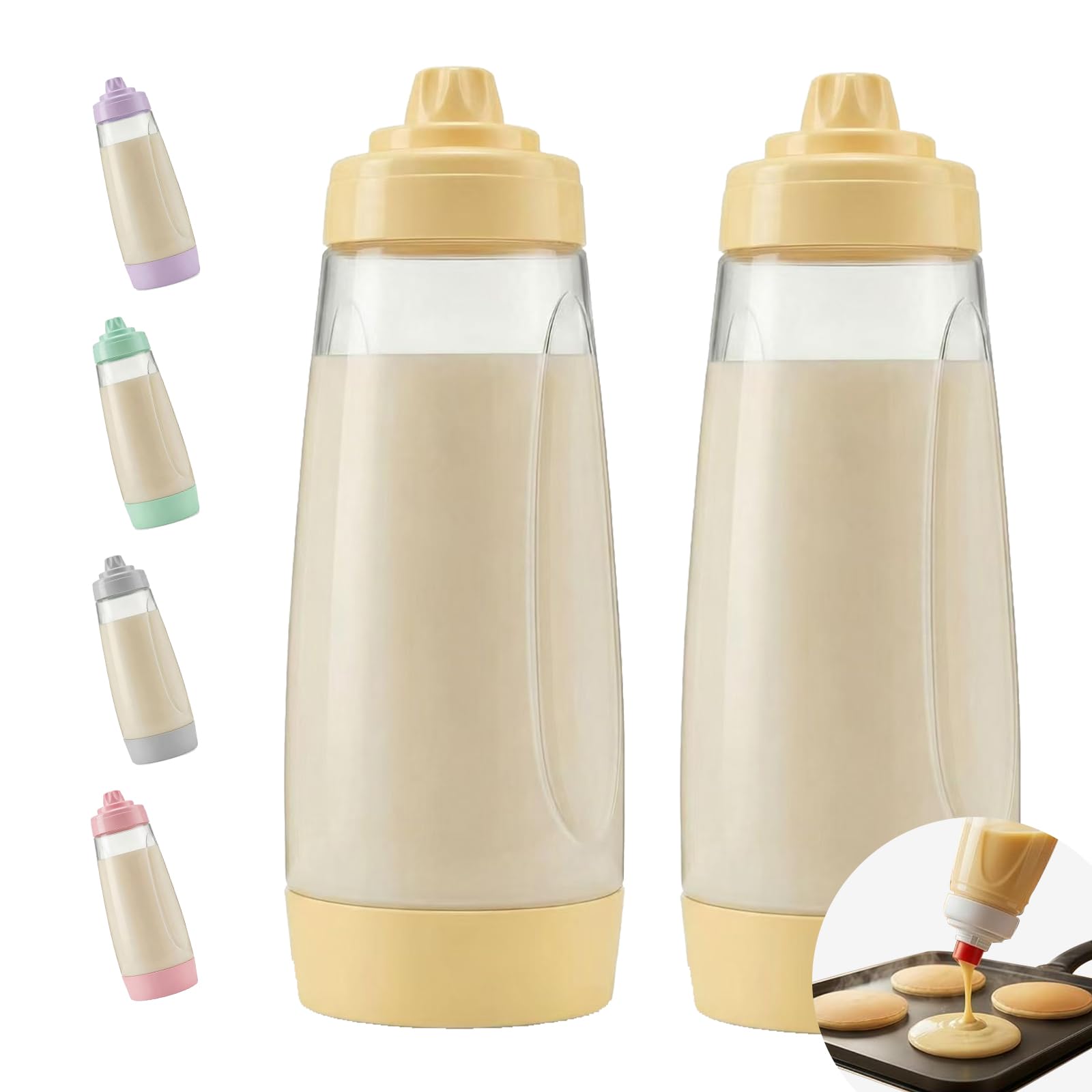 sykexonm 2PCS Pancake Batter Dispenser & Mixer Bottles, 1000ml Leak-Proof Silicone Squeeze Bottle, BPA Free & Dishwasher Safe for Pancakes, Waffles, Muffins, Crepes & Cupcakes (yellow)