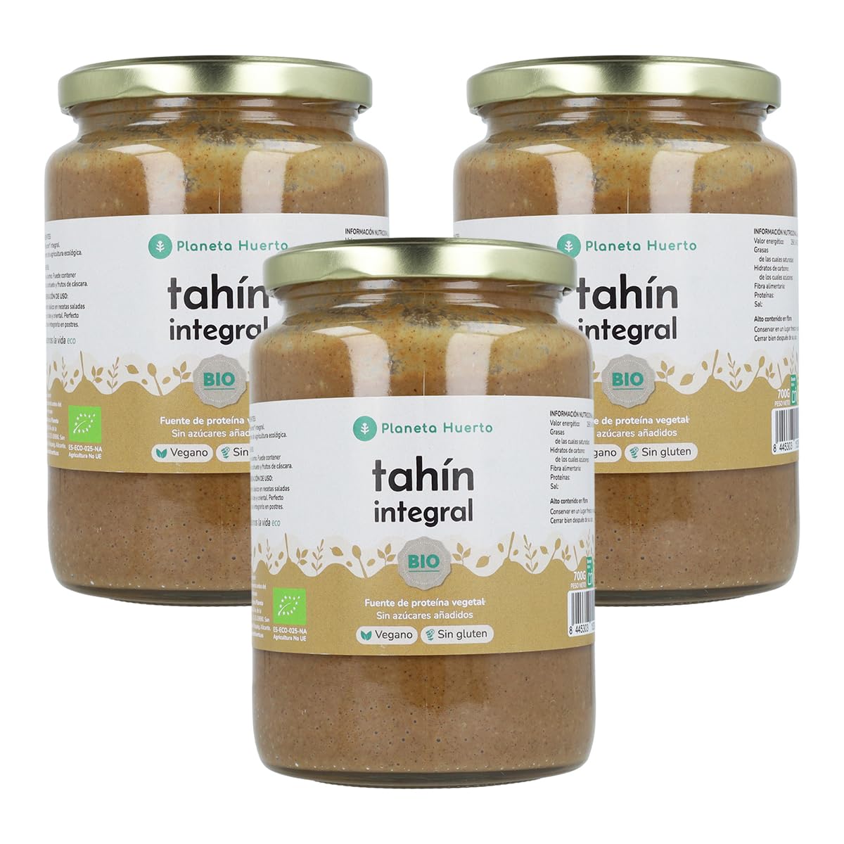 PLANETA HUERTO | Pack 3x Tahín Integral ECO 700 g | Pasta de Sésamo Natural Rica en Calcio, Omega 6 y Proteínas