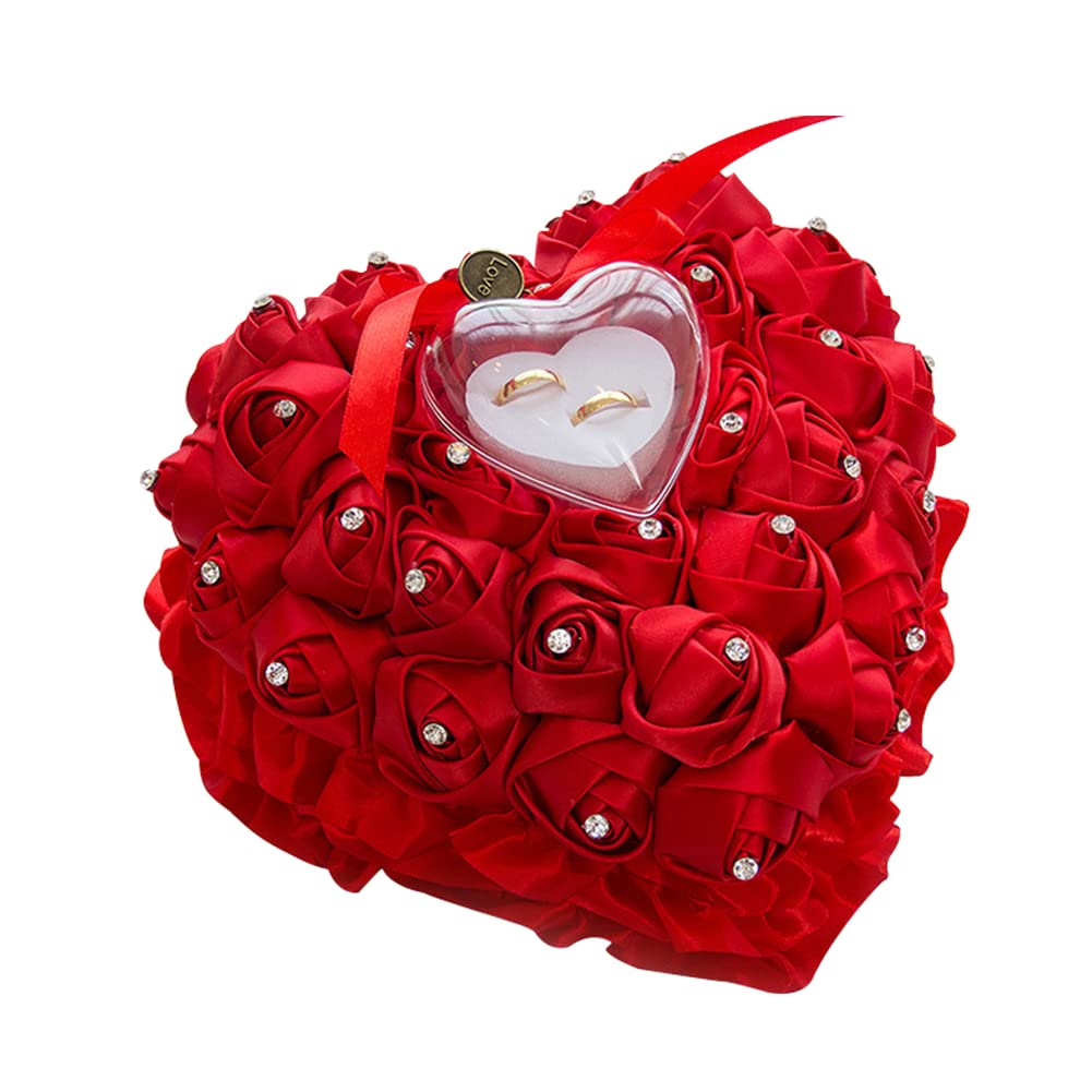 Katutude Elegant Rose Flowers Heart Shape Wedding Ring Pillow, Romantic Flower Ring Cushion with Ring Box for Wedding Ceremony Jewelry Holder, 9x9 Inches