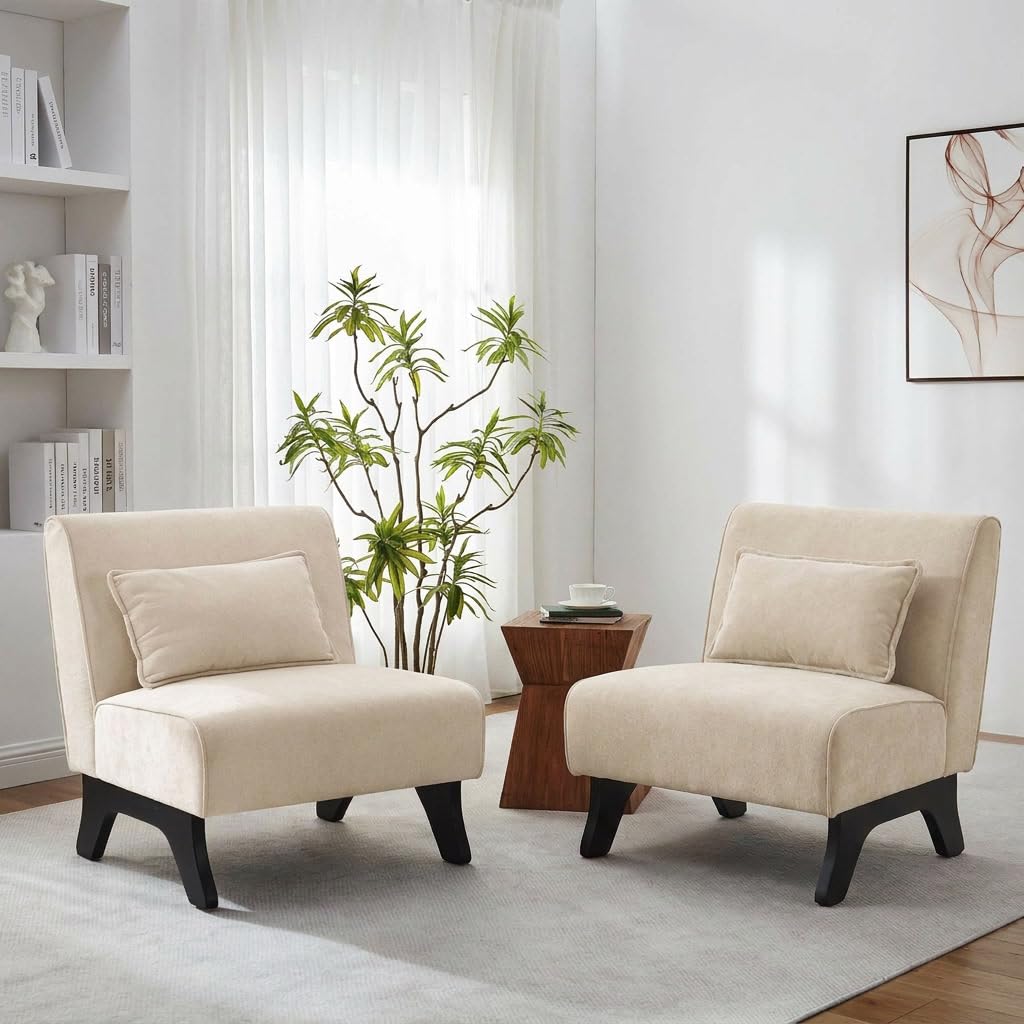 Armless Accent Chair Set of 2,Modern Comfy Upholstered Living Room Chairs with Wooden Legs& Pillows,Lounge Sofa Side Chair for Bedroom Farmhouse Reading (2 PCS, Beige)