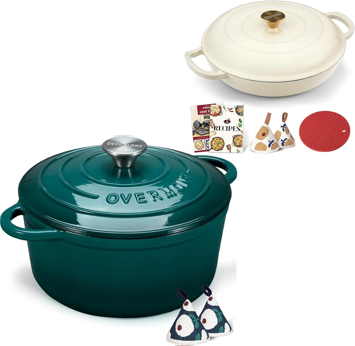 Overmont 7QT Enameled Cast Iron Dutch Oven bottle Green + 3.8QT Enameled Cast Iron Dutch Oven white combo