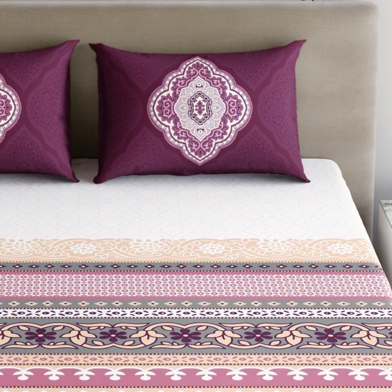Image of Dreamscape 100% Cotton Double Bedsheet with 2 Pillow Covers - (Size 87 x 98 inches, TC, Colour - Purple)