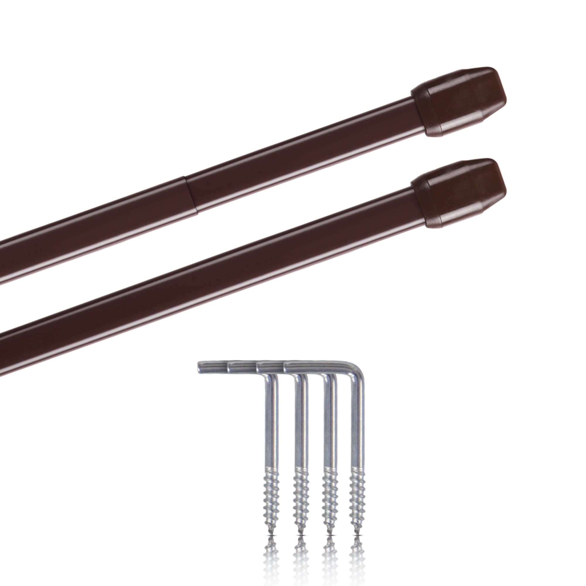 Vitragestangen 2er Pack ausziehbar, 2 Gardinenstangen mit Schraubhaken (Farbe: braun, Größe: 110-150cm)