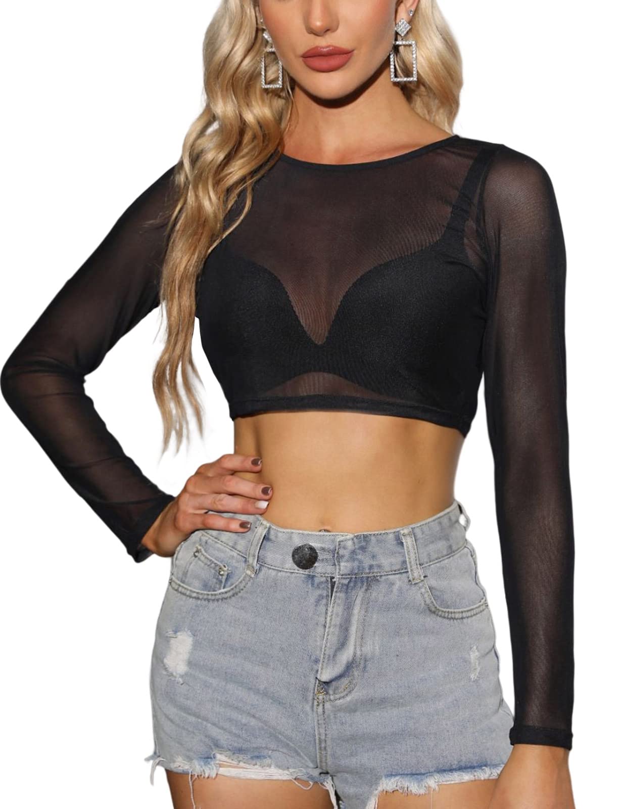 CMTOP Donna Maglie Manica Leggera Lunga Maglietta in Rete Trasparente Tops Slim Fit T Shirt in Tulle