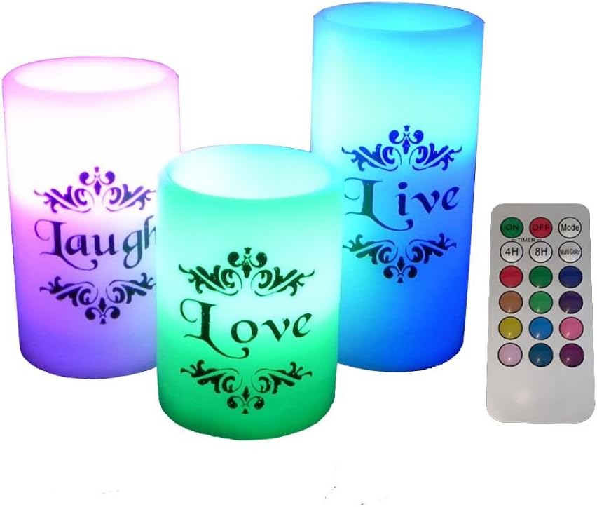 EGI - Set of 3 Flickering Flameless Candles with Multi Color Remote Control and Timer - Romantic Led Candles - with Live, Love, Laugh Decal - Made with Real Wax
