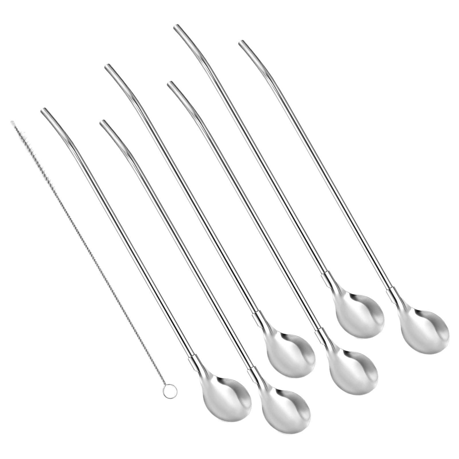 ATRYG 6Pcs Stainless steels Straw Spoons with Brush Cocktail Stirring Spoon for Beverages and Dessert
