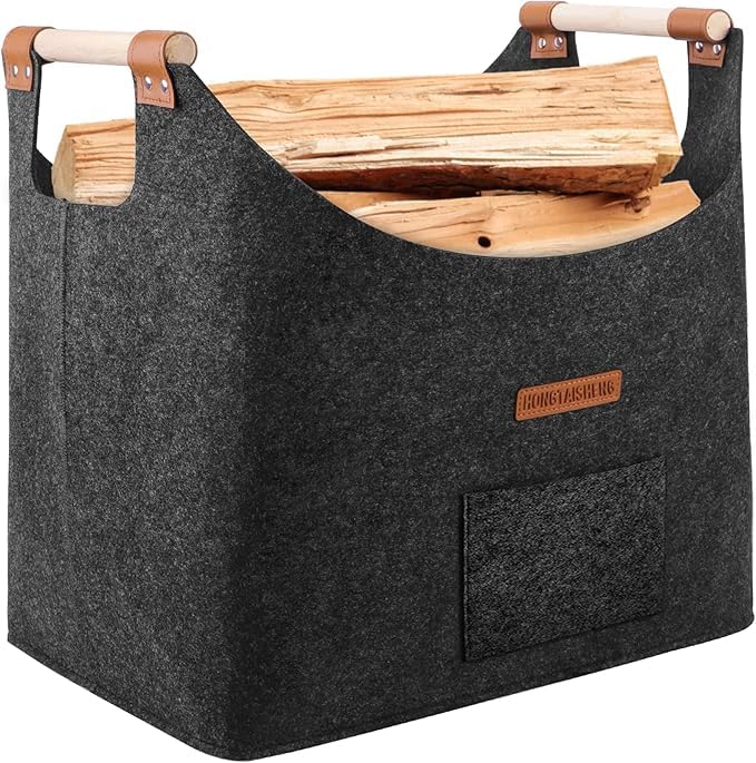 Leñero interior XL cesta de fieltro de fieltro extra grueso y asa reforzada | Cesta leña plegable bolsa de fieltro para la compra, leña, periódico o leña (gris pizarra)