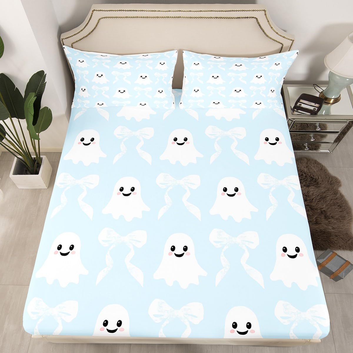 Drap-housse fantôme 3 pièces style princesse mignon bleu et blanc