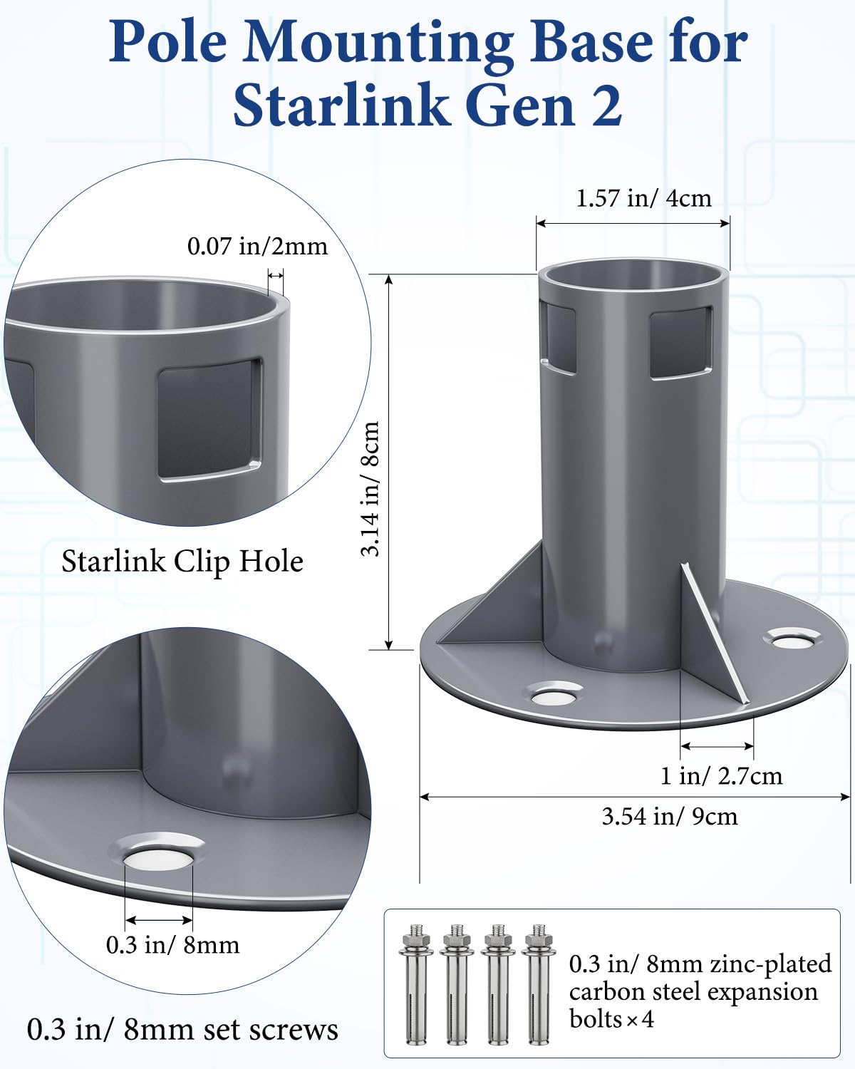 LuxiSync Starlink Gen 2 Fixed Base, Stainless Steel Pipe Adapter, Mounting Kit for Starlink Gen 2 Receiver, Wi-Fi Satellite Internet Kit - Dark Gray