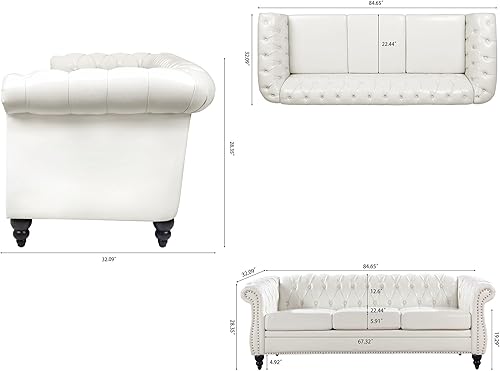 Miniatura 2 de Juego de 2 sofás Chesterfield de tela de 85 pulgadas, muebles de 39 pulgadas, sofá tapizado con respaldo copetudo, brazo enrollable, sofá clásico